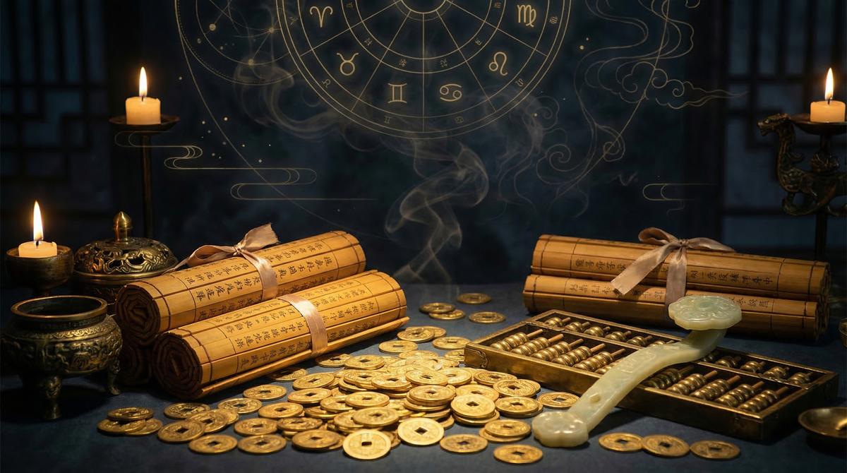 BaZi birth chart with ancient coins and abacus symbolizing wealth