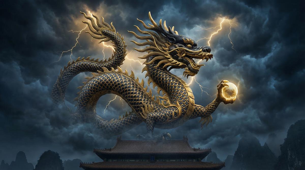 A majestic Chinese dragon soaring through misty mountains, symbolizing 2026 fortune