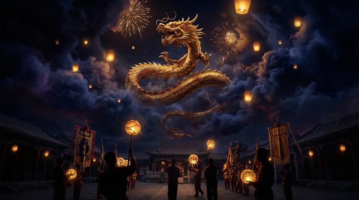 金色的中国龙在云雾缭绕的山间抬头
