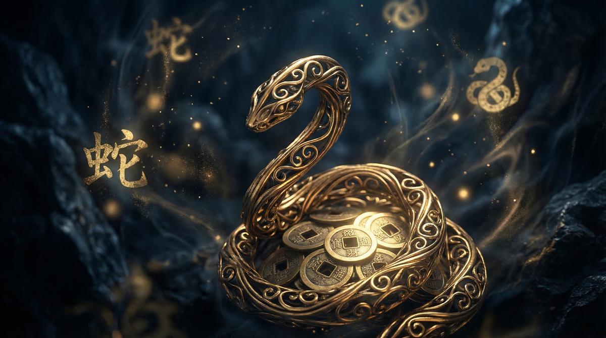 一条金蛇盘绕在古老的卷轴上，背景是星空和马的图腾，象征2026马年属蛇人的运势。